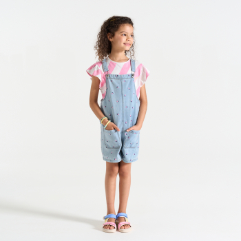 بدلة سالوبيت قصيرة من الجينز، باللون الأزرق الفاتح ومُطرز، للفتيات